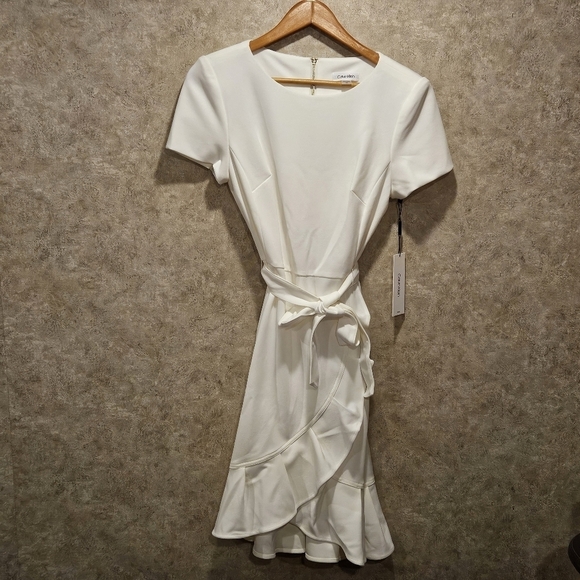 Calvin Klein NWT SZ 10 Ivory Short Sleeve Crepe Dress with Ruffle and Waist Tie - Picture 2 of 13
